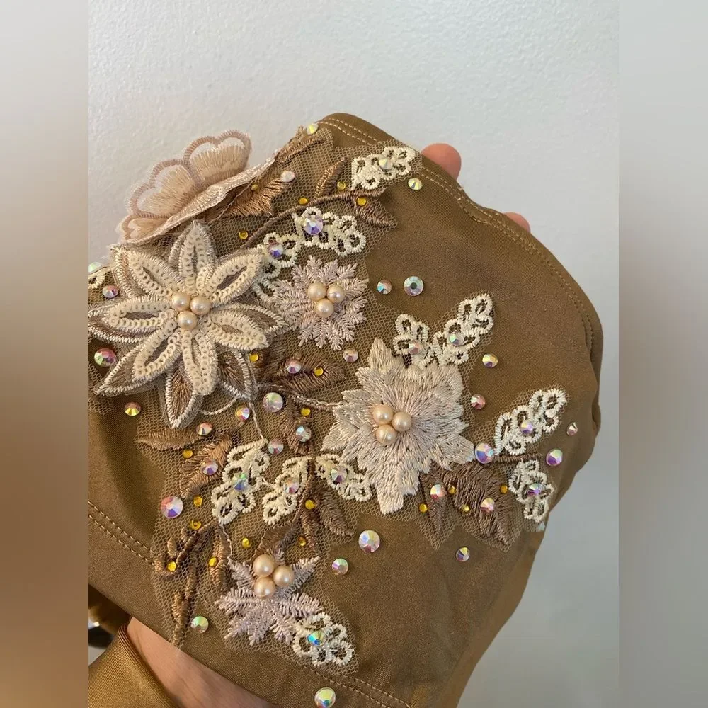 The Line Up Custom Contemporary Solo Costume Taupe Floral Applique Pants SA